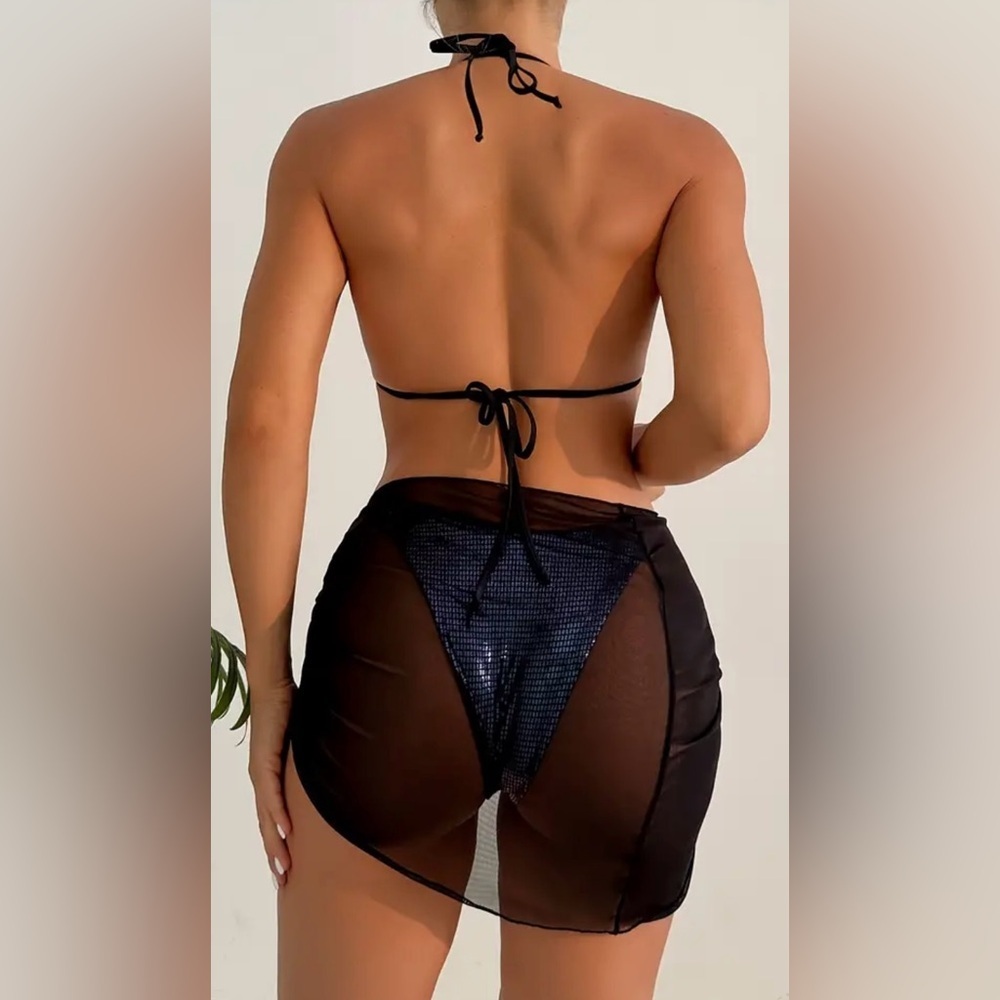 3pc Holographic Triangle Halter Tie Side Bikini Set with Sarong Cover Up - Picture 4 of 11